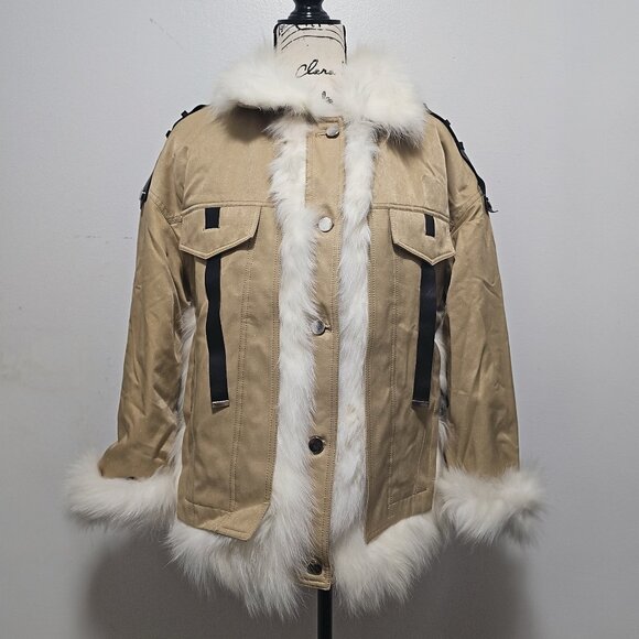 New Real Toscana Sheepskin Lamb Fur-lined Coat Jacket Beige Tan Stone Military - Picture 1 of 5